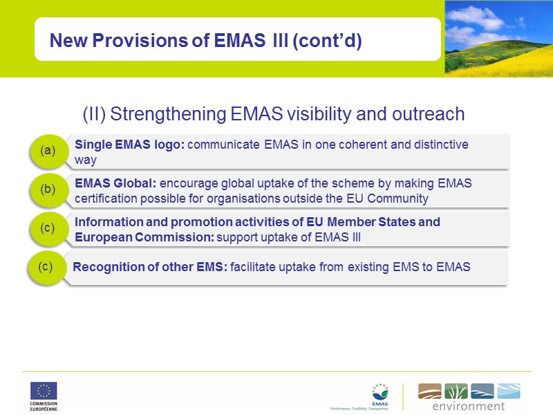 New Provisions of EMAS III (cont’d) (II) Strengthening EMAS visibility and outreach Single EMAS